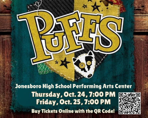  PUFFS text displayed over a quilted background